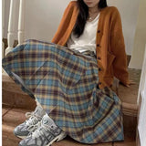 Vevesc Vintage Plaid Long Skirt Women Harajuku Y2k Pleated Skirt Retro Streetwear Autumn Winter A-line Midi Skirts Aesthetics