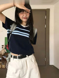 Vevesc  Knitted Striped Crop Top Women Summer Chic Y2k Aesthetic Tee Shirts Harajuku Streetwear Turn Down Collar Tshirts Femme