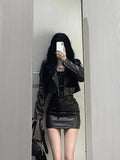 Vevesc Fashion Vintage Long Sleeve Zipper Leather Coat Women+ Y2k Sexy Slim Fit Bodycon Camisole Dress Summer New Two Piece Sets