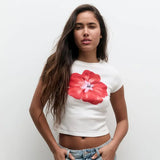 Vevesc Floral Print White Graphic Tees Casual Y2k Going Out Crop Tops Woman 2024 Summer Fashion T Shirt