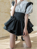 Vevesc Kawaii Lolita Skirt Women Japanese Fashion High Waist A-line Bow Bandage Vintage Mini Ruffles Suspender Skirt Summer