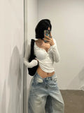 Vevesc American Fashion V-neck White Knitted T-shirts Summe New Bottoming Tops Y2k E-Girl Slim Fit Long Sleeve Tee Shirt