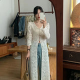 Vevesc New Chinese Style V-neck Split Tops Women 2024 Summer Slim Fit Hollow Out White Cardigan Y2k E-Girl Long Sleeve Blusas Mujer