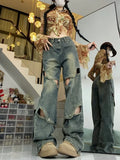 Vevesc American Vintage High Street Hole Wide Leg Trouses Y2k Aesthetic Punk All Match Loose Denim Pants Fashion Popular Girl Pants