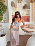 Vevesc  New Women Lace Tassel Two-piece Skirt Suit Braid Knit Top Skirt Sleeveless Sweet Waist Chic Slit Skirt Summer Maxi Skirt