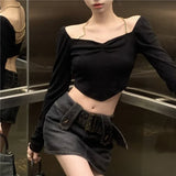 Vevesc Sweet Sexy Backless Chains Halter Tops Mujer Early Autumn New Black T-shirt for Women Y2k Slim Fit Long Sleeve Tee Shirt