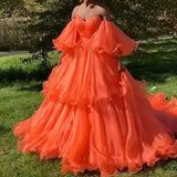 Vevesc Chic Fire Orange Tiered Organza Evening Dresses Prom Gowns With Puff Full Sleeves Off The Shoulder Party Dress Vestido Formatura