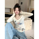 Vevesc Fashion Sweet Harajuku V Neck Long Sleeve T Shirts Autumn All Match Japan Y2k Aesthetic Print Girl Tops New Sexy Slim Tees