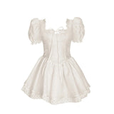 Vevesc Ruffle Soft Girl White Lolita DressChiffon Fairy Dress Kawaii Woman Square Neck Retro Bow Puff Sleeve Mini Dress Lace Patchwork