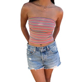 Vevesc Y2K Stripe Print Bandeau Tube Tops Women Summer Sleeveless Off Shoulder Camis Sexy Strapless Crop Tops Music Club Streetwear