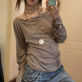 Vevesc Autumn Harajuku Off The Shoulder Buttons Design Tops Y2k Aesthetic American Vintage Loose Women Shirts Japan Punk Girl Clothes