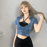 Vevesc Niche Sexy Fashion Moda Two Piece Sets Black Halter Lace Up Tank Tops Y2k Aesthetic Personality High Waist Streetwear Punk Tops