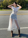 Vevesc Y2k Fairycore See Through Floral Lace Mesh White Dress Summer Retro Puffy Short Sleeve Long Dresses Coquette