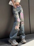 Vevesc Vintage Blue Ripped Baggy Jeans Women Denim Trousers 2000s High Waist Y2k Streetwear Female Punk Wide Leg Pants Female Clothes