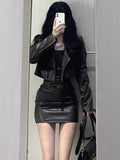 Vevesc Spicy Girl Motorcycle Leather Coat Hanging Strap Dress Two Piece Set Women  Fashion Lapel Temperament Solid Cool Spring Suit New