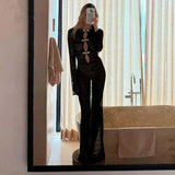 Vevesc  Hollow Sheer Maxi Dress Women's Sexy Backless Lace Up Slit Resort Dress High Waist Party Evening Gown Robe Vestidos Y2k