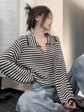 Vevesc Women Black Striped Pullover Knitted Sweater 90s Aesthetic Harajuku Long Sleeve Mohair Sweater Y2k 2000s Vintage Fashion Clothes