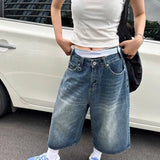 Vevesc American Vintage Washed Blue Denim Short Pants Summer Thin Straight Five-point 2024 New Loose Wide Leg Jeans Women