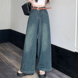 Vevesc Vintage Blue Wide Leg Jeans Women Y2K Spring New High Waist Loose with Belt Denim Trousers Female Korean All-Match Streetwear