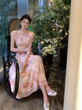 Vevesc  Chinese Style Light Pink Cheongsam Dress Women Elegant Floral Print Party Dress Summer Short Sleeve Stand Collar A Line Chipao
