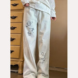 Vevesc Japanese Straight Sweet Kawaii Cartoon Print Women High Waist Casual Preppy Style Trousers Y2k Wide Leg Pants