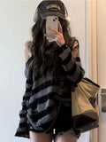 Vevesc Gothic Streetwear Striped Knitted Sweater Women Harajuku Punk Hollow Out Jumper Hole Loose All-match Tops Grunge E-girl
