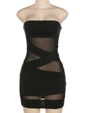 Vevesc Spring Summer Women Solid Black Mesh Mini Dress Sexy Strapless Bodycon Slim Fit Sheer Pencil Dress For Women