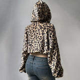 Vevesc Korean Sexy Y2k Leopard Print Crop Jacket Streetwear Casual Loose Vintage Zipper Tops Vintage Autumn Hooded Coats Women Harajuku