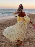 Vevesc  Elegant Flower Print Pleated Long Dress Women Chic Off Shoulder Backless Puff Half Sleeve Vestido Lady Casual Beach Holiday Robe