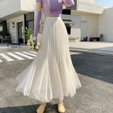 Vevesc  Spring Summer Women Skirts Solid Ruffles Mesh Korean Fashion Sweet Faldas Mujer A-line High Waist Chic Long Skirt