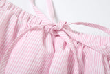 Vevesc  Fit Striped Print 2Piece Set Women Patchwork Button Hollow Backless Button Tops+Lace-Up Puffy Skirt Matching Sweet Suit