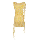 Vevesc  Holiday Style Yellow Flora Prints Women Dress Summer Fashion Design Irregular Ruffles V-Neck Short Frock