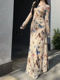 Vevesc Fashion Vintage Butterfly Dress for Women Summer New Slim Fit Ruched Dresses Y2k Kpop Lobng Sleeve Vestidos Mujer