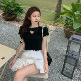 Vevesc Y2K Hollow Out T Shirt Women Sweet Cute Bow Love Crop Top Summer Korean Harajuku Fashion Heart Ruffles Slim Casual Tops