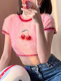 Vevesc Summer Pink Cute Tops Women Korean Fashion Plush Cherry Pattern Knitted Crop Top O Neck Short Sleeve Lovely Sweet Girl T-Shirt