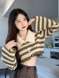 Vevesc Sexy Cropped Striped Cardigan Women Fashion Flare Sleeve Loose Knitted Sweaters Casual Autumn Korean Lazy Wind Lady Outwear