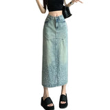 Vevesc Women Blue Gothic A-line Long Skirt Vintage Y2k Skirt Harajuku Korean Streetwear Tie-Dyed Skirts 2000s Goth Clothes Summer