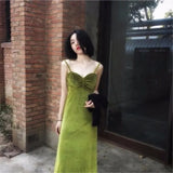 Vevesc French Retro Literary Green Velvet Suspender Dress Women Ol Temperament Elegant Sleeveless Dress Korean Summer Spring Long Dress
