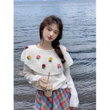 Vevesc 3D Flowers Sweater Women Sweet Kawaii Sailor Collar Knitted Pullovers Y2K Streetwear Patchwork Jumper Korean Cute Slim Knitwear