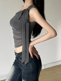 Vevesc Sexy Streetwear Gauze Vintage Skew Collar Tank Women Y2k Aesthetic Irregular Tops Summer Grunge Bandage Fairy Crop Camisoles