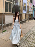 Vevesc  New Women Blue Patchwork Sleeveless High Waist Pleated Vest Dress Summer Fashion Sexy Backless Elegant Holiday Long Dress Casual
