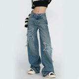 Vevesc Vintage Blue Star Jeans Women Y2K Harajuku Streetwear Baggy Wide Leg Denim Pants Korean High Waist Casual Straight Leg Trousers