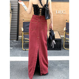 Vevesc S-3Xl Vintage Slit Denim Midi Skirts Women Y2K Red High Waist Wrap Jean Skirt Summer Korean Sexy Split Slim A Line Faldas