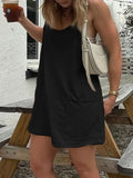 Vevesc  Black Solid Two Layers Wide Leg Rompers Womens Summer Vacation Casual Loose Sleeveless Dress Playsuits