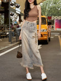 Vevesc Women Long Skirt Harajuku Korean Denim Skirt Y2k Emo 2000s Clothes 90s Fashion Vintage Gradient A-line Jean Skirt Grunge Clothes
