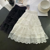 Vevesc  Ruffles Women Skirts Lace Solid Spring Summer Sweet Korean Fashion Faldas Mujer A-line High Waist Sexy Mini Skirt