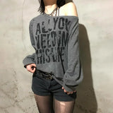 Vevesc Punk American Rivet Nail Off The Shoulder Shirts High Street Letter Print All Match Loose Tops Y2k Aesthetic Vintage Clothes