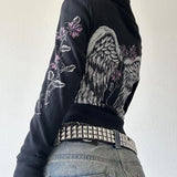 Vevesc 00s Aesthetic Vintage Jacket Y2k Grunge Zip Up Sweatshirt Flower Wings Print Slim Fit Hoodies E-girl Gothic Cool Street Outwear