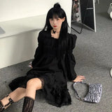 Vevesc 2024 Spring New Ruffles Lace Black Dresses Elegant Square Collar Dress for Women Y2k E-Girl Long Sleeve Loose Vestidos Mujer