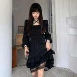 Vevesc Gothic Black Stitching Dress Y2K Summer Ruffles Irregular Dress Lace Chic A Line Dress Korean Puff Sleeves Sexy Slim Dress